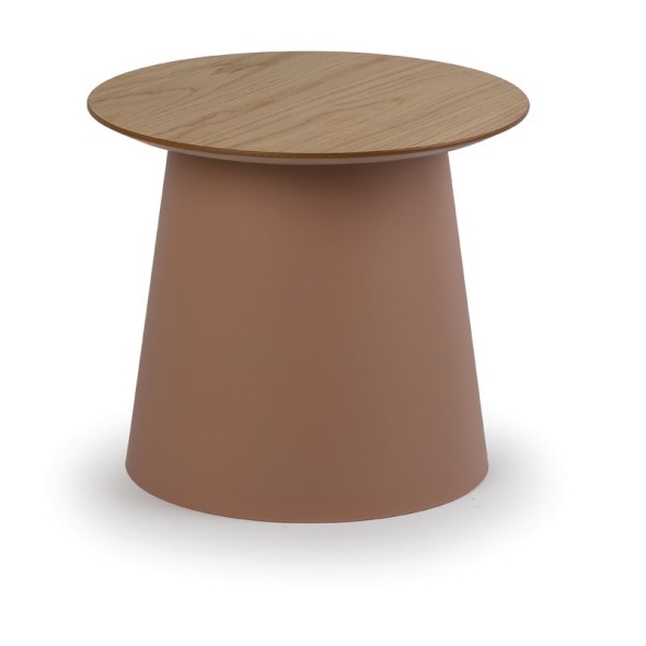 Plastový kávový stolík SETA s drevenou doskou, priemer 490 mm, tehlový