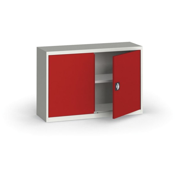 Plechová policová skriňa na náradie KOVONA, 800 x 1200 x 400 mm, 1 polica, sivá/červená