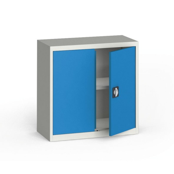 Plechová policová skriňa na náradie KOVONA, 800 x 800 x 400 mm, 1 polica, sivá/modrá