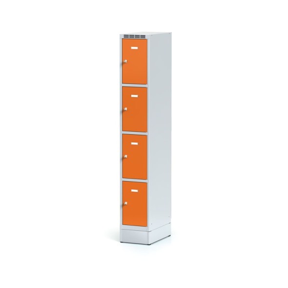 Plechová šatní skříňka na soklu s úložnými boxy, 4 boxy, oranžové dveře, cylindrický zámek