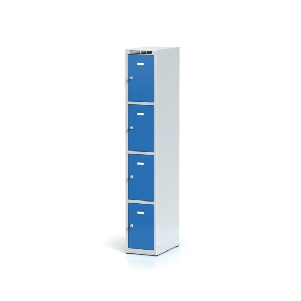 Plechová šatní skříňka s úložnými boxy, 4 boxy, modré dveře, otočný zámek