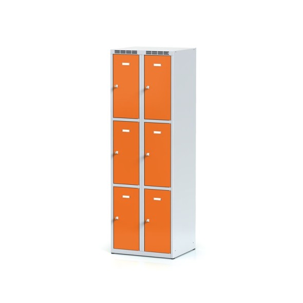 Plechová šatní skříňka s úložnými boxy, 6 boxů, oranžové dveře, cylindrický zámek