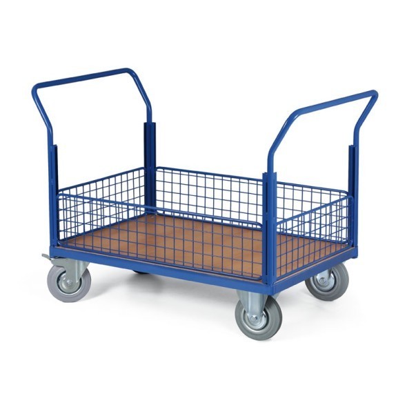 Plošinový vozík - 4 nízké drátěné výplně, 1000x700 mm, nosnost 400 kg, kola 200 mm s šedou pryží