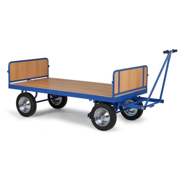 Plošinový vozík s ojom, bočnice vpredu/vzadu, 1000x2000 mm, 600 kg, plné kolesá