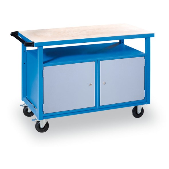 Pojazdný pracovný stôl do dielne GÜDE Basic, smrek + buková preglejka, 2 skrinky, 1190 x 600 x 850 mm, modrá
