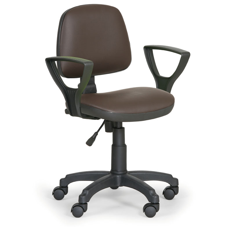 Pracovná stolička na kolieskach MILANO s podpierkami rúk, permanentný kontakt, pre mäkké podlahy, hnedá