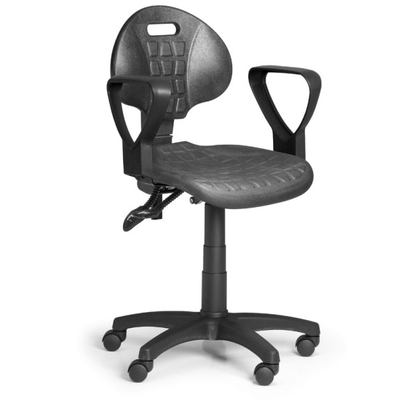 Pracovná stolička na kolieskach PUR s podpierkami rúk, asynchrónna mechanika, pre mäkké podlahy