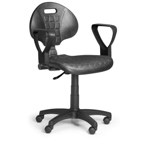 Pracovná stolička na kolieskach PUR s podpierkami rúk, permanentný kontakt, pre mäkké podlahy