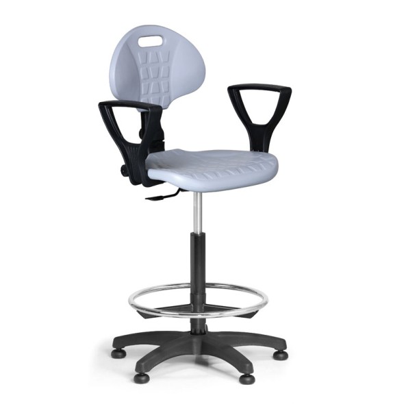 Pracovná stolička PUR s podpierkami rúk, asynchrónna mechanika, klzáky, sivá