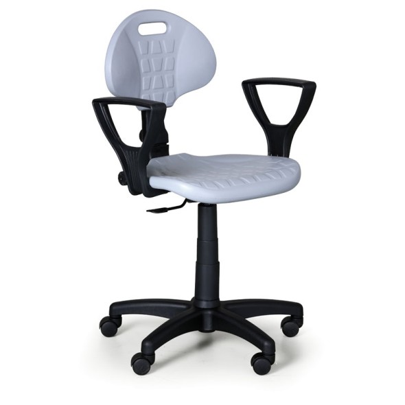 Pracovní židle PUR s područkami, permanentní kontakt, pro měkké podlahy, šedá