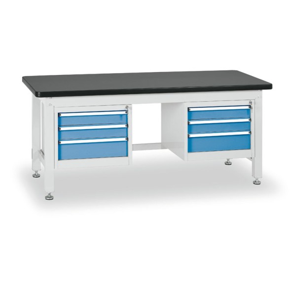 Pracovný stôl do dielne BL s 2 závesnými boxami na náradie, MDF + PVC doska, 6 zásuviek, 1800 x 750 x 800 mm