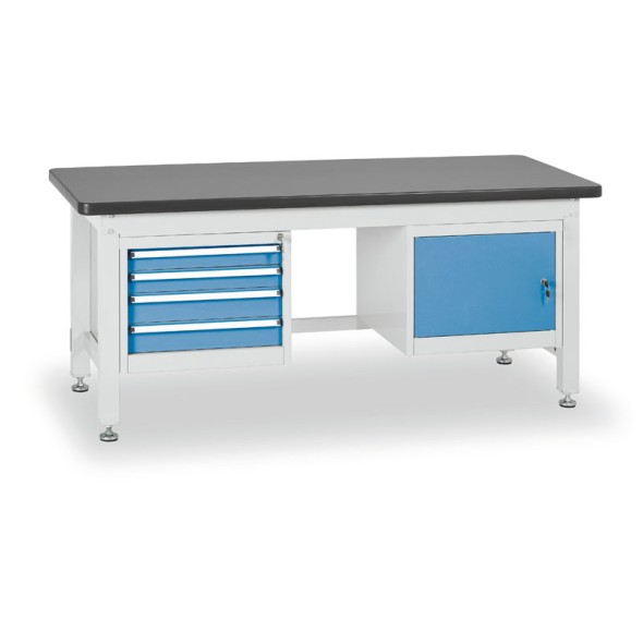 Pracovný stôl do dielne BL so závesným boxom a skrinkou na náradie, MDF x PVC doska, 4 zásuvky, 1 skrinka, 1800 x 750 x 800 mm