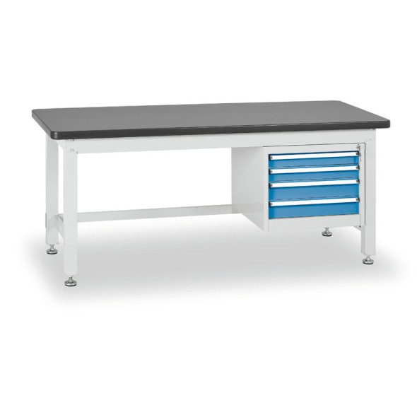 Pracovný stôl do dielne BL so závesným boxom na náradie, MDF + PVC doska, 4 zásuvky, 2100 x 750 x 800 mm