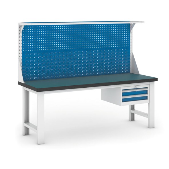 Pracovný stôl do dielne GB s nadstavbou a závesným boxom na náradie, 2100 mm