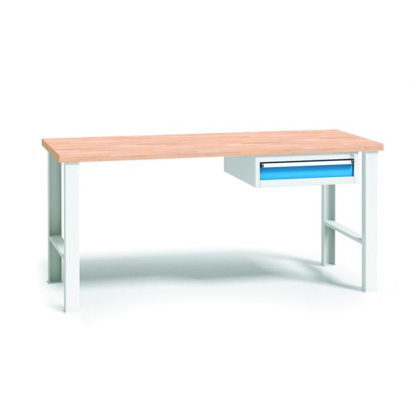 Pracovný stôl do dielne WL so závesným boxom na náradie, buková škárovka, 1 zásuvka, pevné kovové nohy, 1500 mm