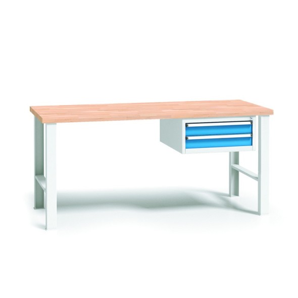 Pracovný stôl do dielne WL so závesným boxom na náradie, buková škárovka, 2 zásuvky, pevné kovové nohy, 1700 mm