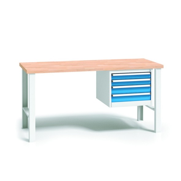 Pracovný stôl do dielne WL so závesným boxom na náradie, buková škárovka, 4 zásuvky, pevné kovové nohy, 2000 mm