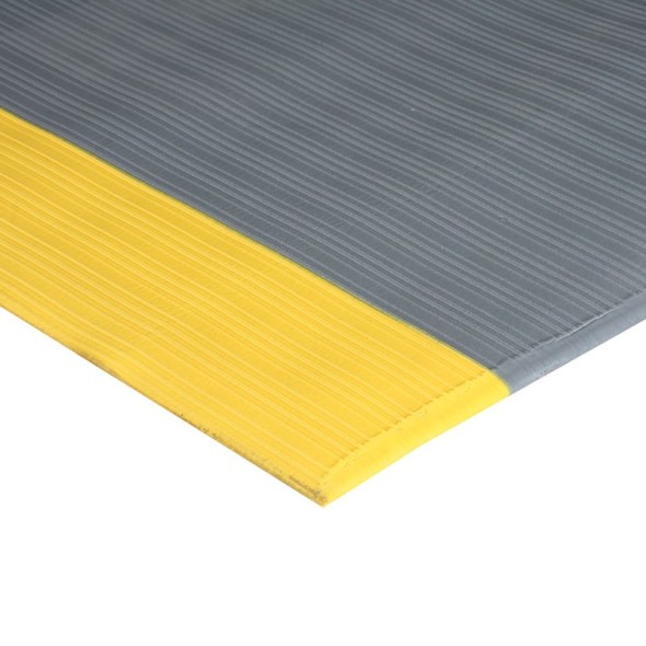 Protiúnavová rohož s drážkami a žltými okrajmi, PVC, 0,9 x 18,3 m, sivá / žltá