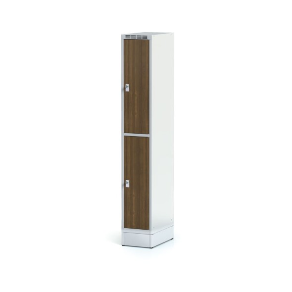 Šatní skříňka na soklu s úložnými boxy, 2 boxy 300 mm, laminované dveře ořech, cylindrický zámek