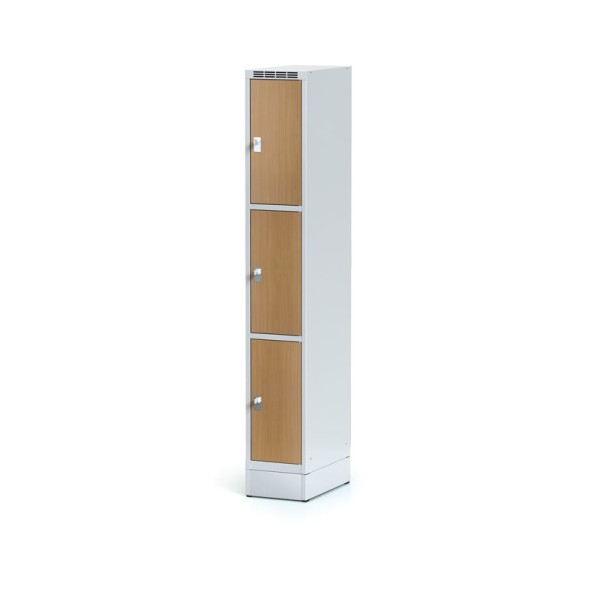 Šatní skříňka na soklu s úložnými boxy, 3 boxy 300 mm, laminované dveře buk, cylindrický zámek