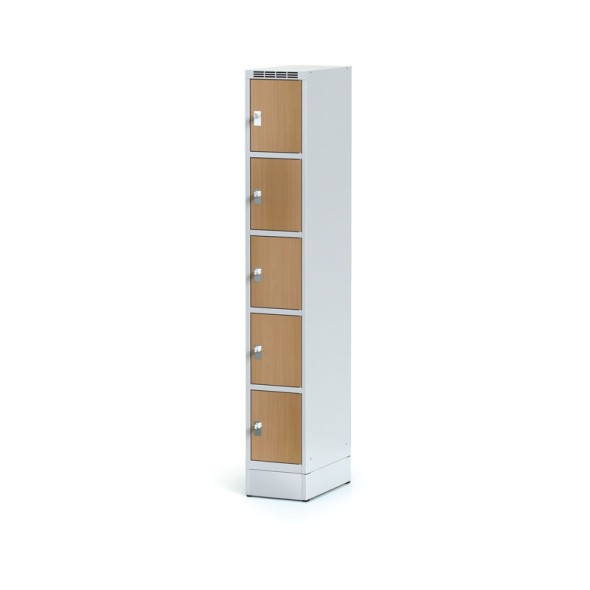 Šatní skříňka na soklu s úložnými boxy, 5 boxů 300 mm, laminované dveře buk, cylindrický zámek