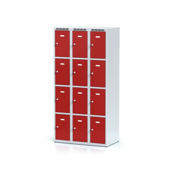 Šatní skříňka s úložnými boxy, 12 boxů, červené dveře, otočný zámek