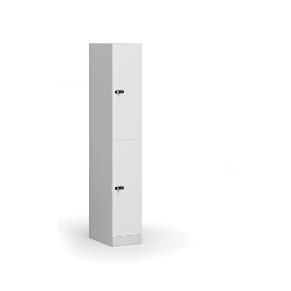 Šatní skříňka s úložnými boxy, 2 boxy, 1850 x 300 x 500 mm, mechanický kódový zámek, laminované dveře, bílá