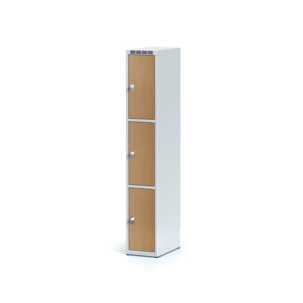 Šatní skříňka s úložnými boxy, 3 boxy 300 mm, laminované dveře buk, cylindrický zámek
