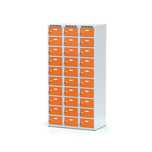Šatní skříňka s úložnými boxy, 30 boxů, oranžové dveře, cylindrický zámek