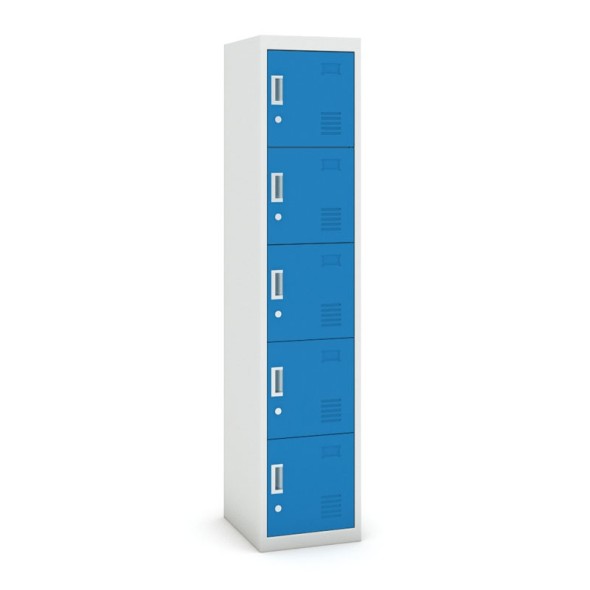 Šatní skříňka s úložnými boxy, pětidveřová, cylindrický zámek, 1800 x 380 x 450 mm, šedá/modrá