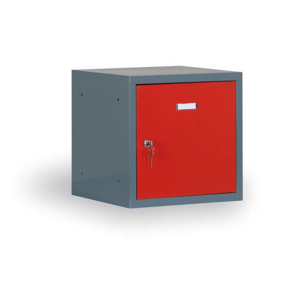 Šatní skříňka s uzamykatelným boxem 400x400x400 mm, tmavě šedá, červené dveře, cylindrický zámek