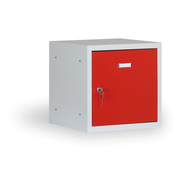 Šatníková skriňa s uzamykateľným boxom 300x300x300 mm, červené dvere, cylindrický zámok