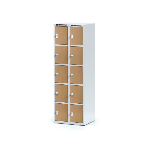 Šatníková skrinka s úložnými boxami, 10 boxov 300 mm, laminované dvere buk, cylindrický zámok