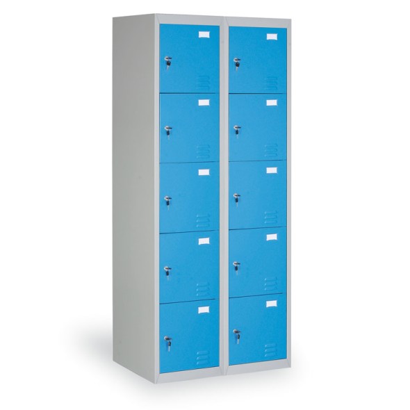 Šatníková skrinka s úložnými boxami, 10 boxov, modré dvere, cylindrický zámok