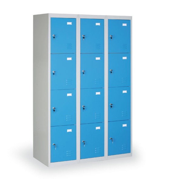 Šatníková skrinka s úložnými boxami, 12 boxov, modré dvere, cylindrický zámok