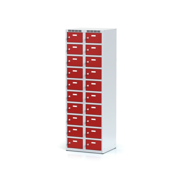 Šatníková skrinka s úložnými boxami, 20 boxov, červené dvere, otočný zámok