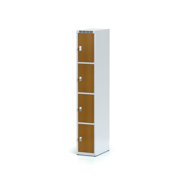 Šatníková skrinka s úložnými boxami, 4 boxy 300 mm, laminované dvere čerešňa, otočný zámok