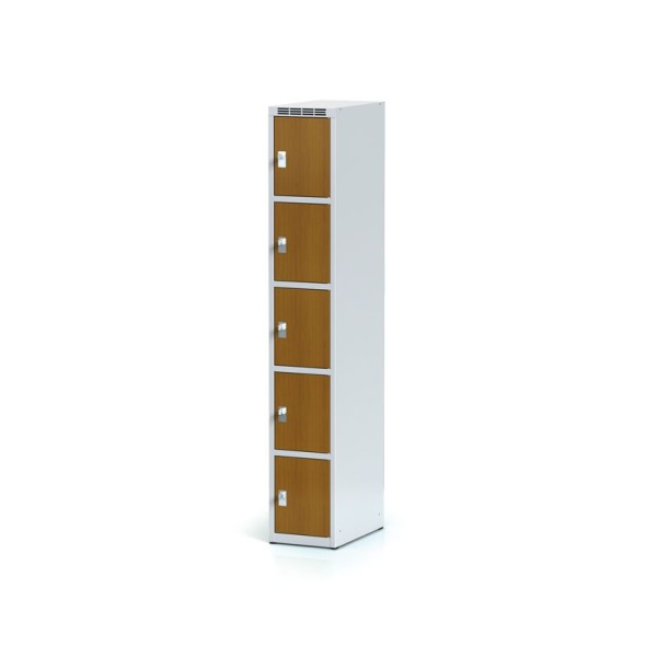 Šatníková skrinka s úložnými boxami, 5 boxov 300 mm, laminované dvere čerešňa, cylindrický zámok