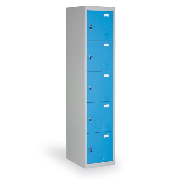 Šatníková skrinka s úložnými boxami, 5 boxov, modré dvere, cylindrický zámok