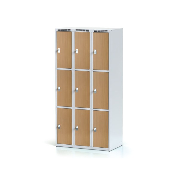 Šatníková skrinka s úložnými boxami, 9 boxov 300 mm, laminované dvere buk, cylindrický zámok