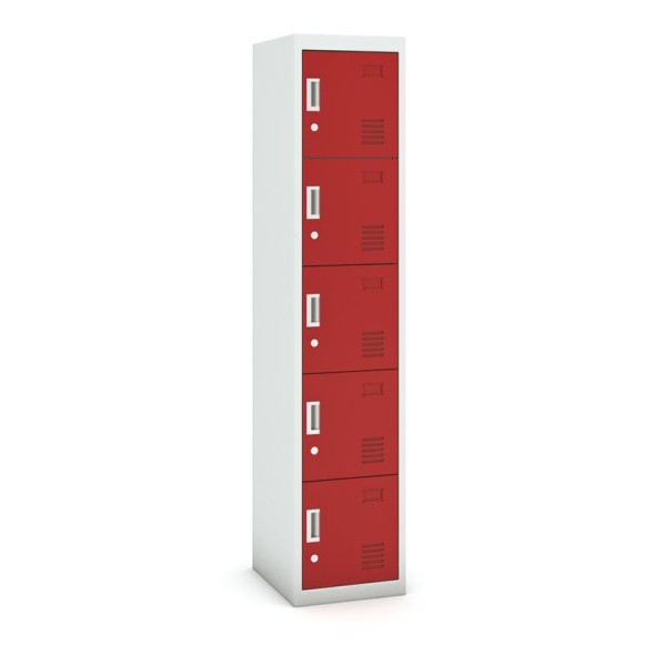 Šatníková skrinka s úložnými boxami, päťdverová, cylindrický zámok, 1800 x 380 x 450 mm, sivá/červená