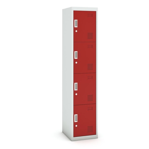 Šatníková skrinka s úložnými boxami, štvordverová, cylindrický zámok, 1800 x 380 x 450 mm, sivá/červená