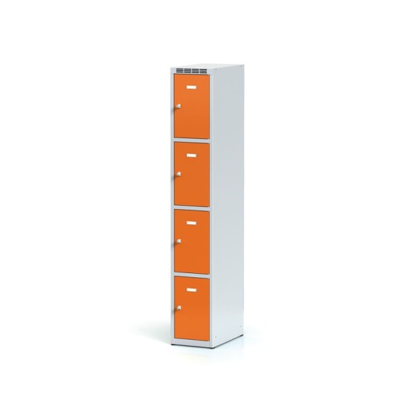 Schließfachschrank aus Blech mit Aufbewahrungsboxen, 4 Boxen, Tür orange, Drehriegelschloss