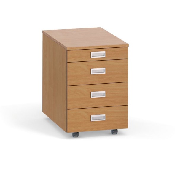 Schreibtischcontainer, Rollcontainer PRIMO, ohne Schloss, 4 Schubladen, Utensilienauszug, Buche