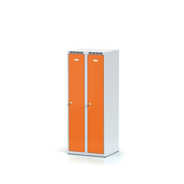 Školská kovová šatníková skrinka, 2-dverová, 1500 mm, oranžové dvere, cylindrický zámok