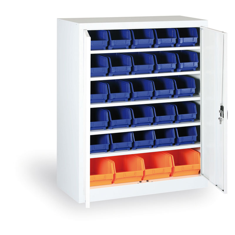 Skriňa s plastovými boxami BASIC - 1150 x 400 x 920 mm, 30xB/4xC, sivá/modré dvere