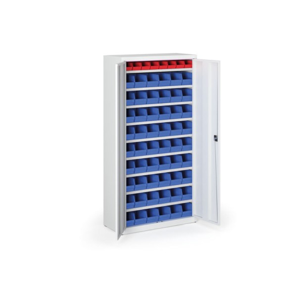 Skriňa s plastovými boxami BASIC - 1800 x 400 x 920 mm, 8xA/54xB, sivá/modré dvere