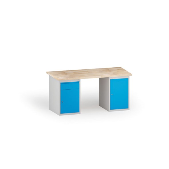 Stół warsztatowy KOVONA, 1 szafka wisząca i 1 szafka z szuflada na narzędzia, blat z drewna bukowego, 1700 mm