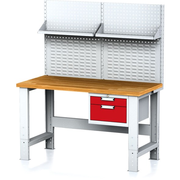 Stół warsztatowy MECHANIC z nadstawką i półką, 1500x700x700-1055 mm, nogi regulowane, 1x 2 szufladowy kontener, szary/czerwony