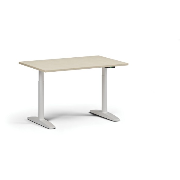 Stół z regulacją wysokości OBOL, elektryczny, 675-1325 mm, blat 1200x800 mm, zaokrąglona podstawa biała, brzoza